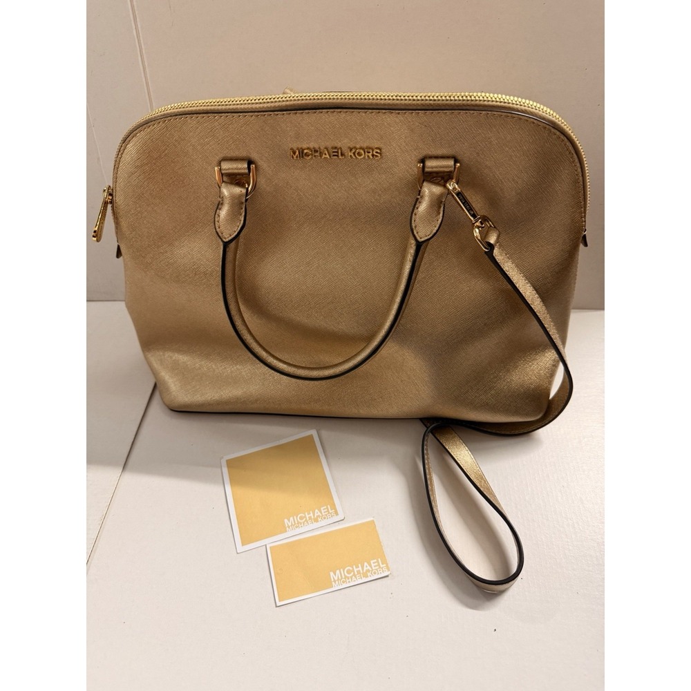 Michael Kors Cindy Large Dome Satchel Pale Gold Saffiano Leather Crossbody NWT